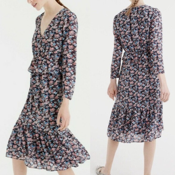 J. Crew Ruffle Hem Paisley Floral Midi Dress Sz 4 Ling Sleeve - Picture 1 of 8